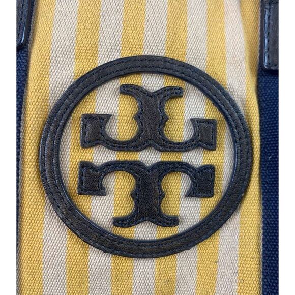 Tory Burch Tote Bag Women Navy Canvas Leather Trim Center Stripe Logo Patch - Picture 3 of 12
